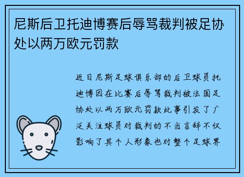 尼斯后卫托迪博赛后辱骂裁判被足协处以两万欧元罚款